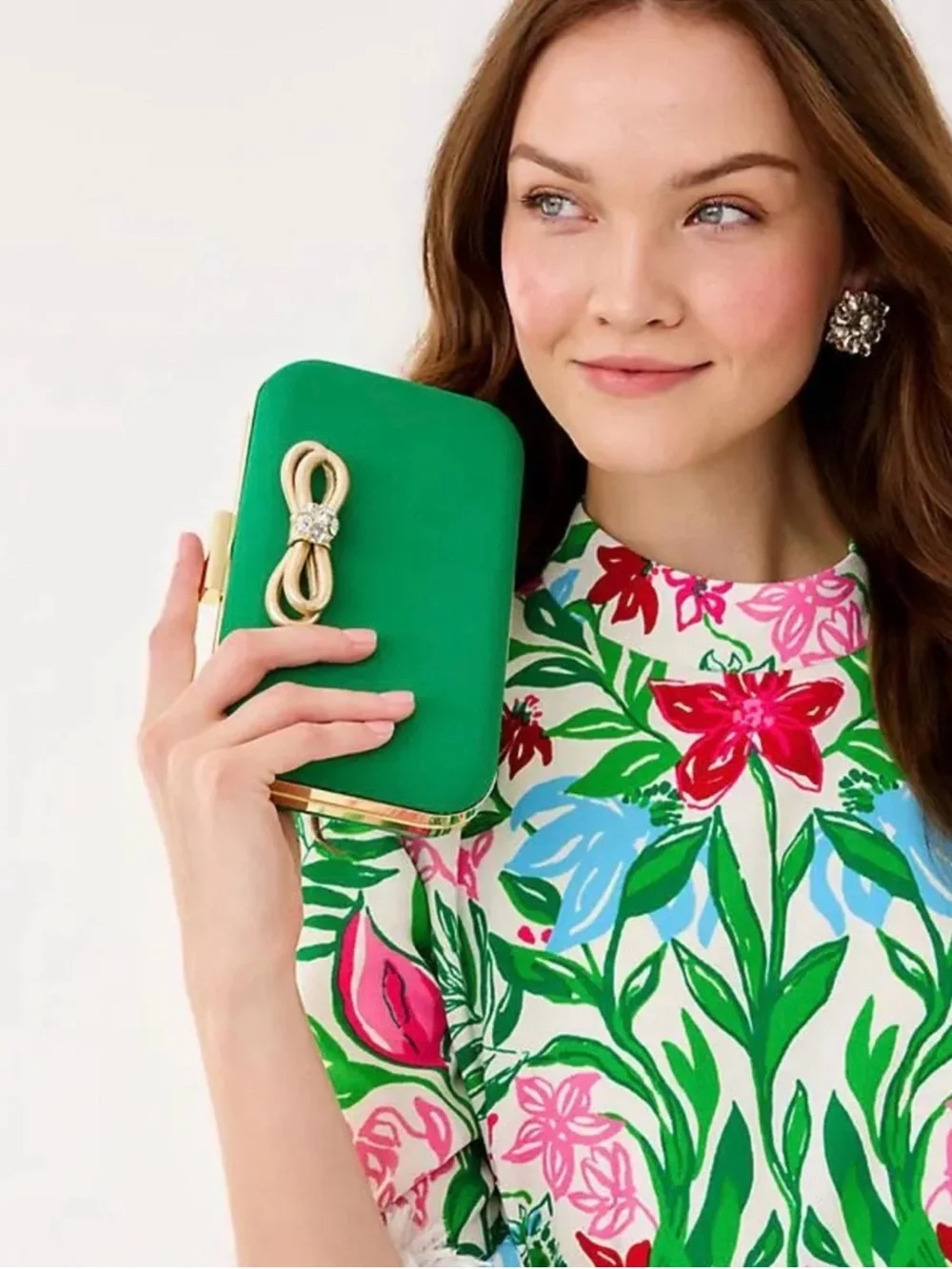 NWT Lilly Pulitzer Jessy Bow Hard Clutch Bamboo Green Gold Chain Crossbody Bag
